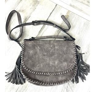 Moda Luxe Womens Gray Leather Liana Braided Tassel Boho Crossbody Satchel Bag